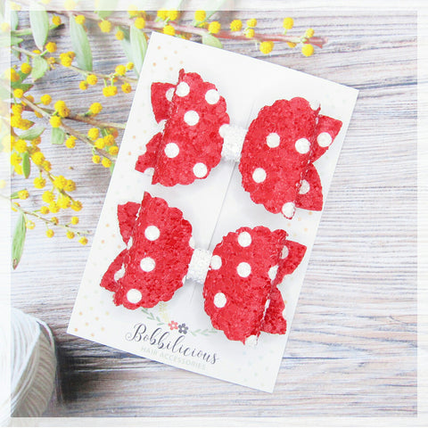Red Dotty Pigtail Hair Bow Pair