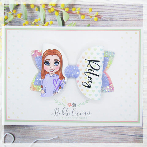 Personalised rainbow hair bow, lilac hair bow.