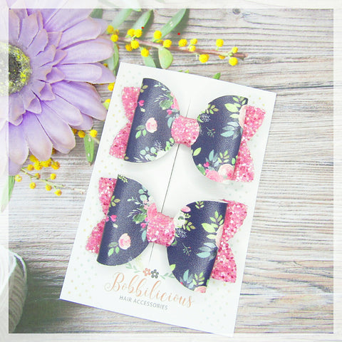 Navy Floral Pigtail Hairbow pair